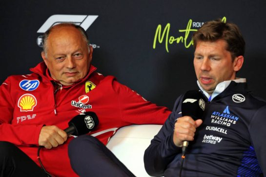 (L to R): Frederic Vasseur (FRA) Ferrari Team Principal and James Vowles (GBR) Atlassian Williams Racing Team Principal in the FIA Press Conference.
13.06.2025. Formula 1 World Championship, Rd 10, Canadian Grand Prix, Montreal, Canada, Practice Day.
- www.xpbimages.com, EMail: requests@xpbimages.com © Copyright: Charniaux / XPB Images