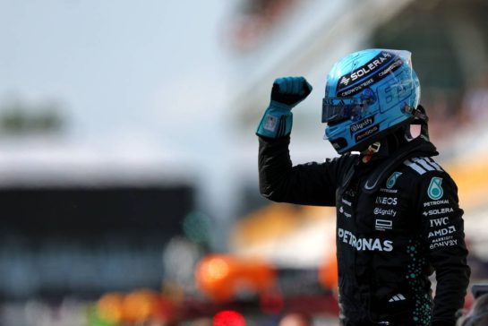 George Russell (GBR) Mercedes AMG F1 celebrates his pole position in qualifying parc ferme.
14.06.2025. Formula 1 World Championship, Rd 10, Canadian Grand Prix, Montreal, Canada, Qualifying Day.
- www.xpbimages.com, EMail: requests@xpbimages.com © Copyright: Charniaux / XPB Images