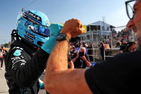 George Russell (GBR) Mercedes AMG F1 celebrates his pole position in qualifying parc ferme.
14.06.2025. Formula 1 World Championship, Rd 10, Canadian Grand Prix, Montreal, Canada, Qualifying Day.
- www.xpbimages.com, EMail: requests@xpbimages.com © Copyright: Bearne / XPB Images