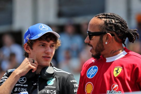 (L to R): Andrea Kimi Antonelli (ITA) Mercedes AMG F1 with Lewis Hamilton (GBR) Ferrari on the drivers' parade.
15.06.2025. Formula 1 World Championship, Rd 10, Canadian Grand Prix, Montreal, Canada, Race Day.
- www.xpbimages.com, EMail: requests@xpbimages.com © Copyright: Charniaux / XPB Images