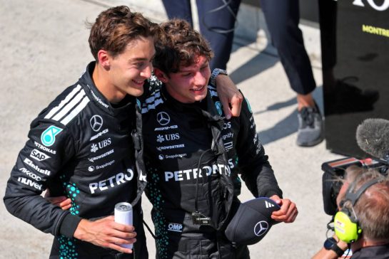 (L to R): Race winner George Russell (GBR) Mercedes AMG F1 and third placed team mate Andrea Kimi Antonelli (ITA) Mercedes AMG F1 celebrate in parc ferme.
15.06.2025. Formula 1 World Championship, Rd 10, Canadian Grand Prix, Montreal, Canada, Race Day.
- www.xpbimages.com, EMail: requests@xpbimages.com © Copyright: Batchelor / XPB Images