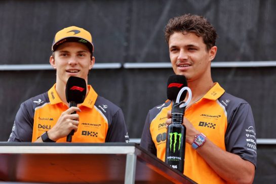 (L to R): Oscar Piastri (AUS) McLaren and Lando Norris (GBR) McLaren on the FanZone Stage.
27.06.2025. Formula 1 World Championship, Rd 11, Austrian Grand Prix, Spielberg, Austria, Practice Day.
- www.xpbimages.com, EMail: requests@xpbimages.com © Copyright: Moy / XPB Images