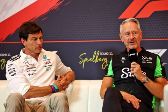 (L to R): Toto Wolff (GER) Mercedes AMG F1 Shareholder and Executive Director and Jonathan Wheatley (GBR) Sauber Team Principal in the FIA Press Conference.
27.06.2025. Formula 1 World Championship, Rd 11, Austrian Grand Prix, Spielberg, Austria, Practice Day.
- www.xpbimages.com, EMail: requests@xpbimages.com © Copyright: Charniaux / XPB Images