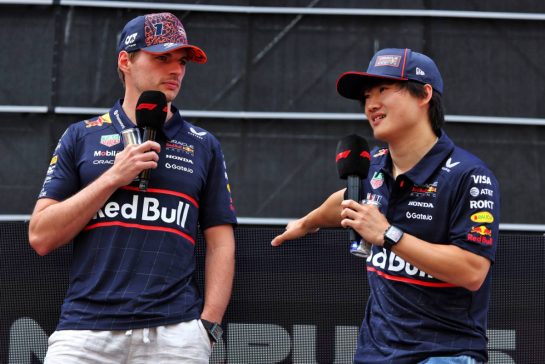 (L to R): Max Verstappen (NLD) Red Bull Racing and Yuki Tsunoda (JPN) Red Bull Racing on the FanZone Stage.
28.06.2025. Formula 1 World Championship, Rd 11, Austrian Grand Prix, Spielberg, Austria, Qualifying Day.
- www.xpbimages.com, EMail: requests@xpbimages.com © Copyright: Moy / XPB Images