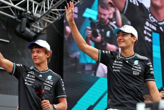 (L to R): Andrea Kimi Antonelli (ITA) Mercedes AMG F1 and George Russell (GBR) Mercedes AMG F1 on the FanZone Stage.
28.06.2025. Formula 1 World Championship, Rd 11, Austrian Grand Prix, Spielberg, Austria, Qualifying Day.
- www.xpbimages.com, EMail: requests@xpbimages.com © Copyright: Moy / XPB Images