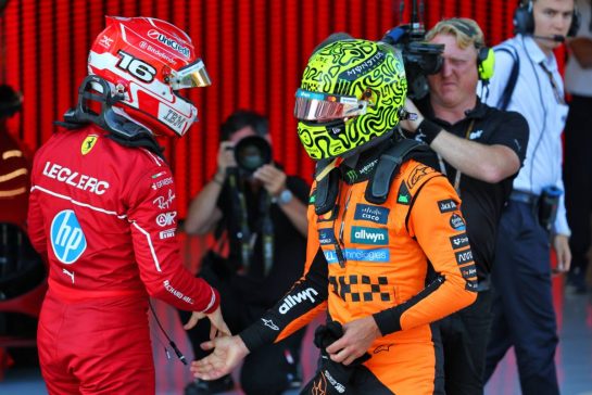 (L to R): second placed Charles Leclerc (MON) Ferrari with pole sitter Lando Norris (GBR) McLaren in qualifying parc ferme.
28.06.2025. Formula 1 World Championship, Rd 11, Austrian Grand Prix, Spielberg, Austria, Qualifying Day.
- www.xpbimages.com, EMail: requests@xpbimages.com © Copyright: Batchelor / XPB Images