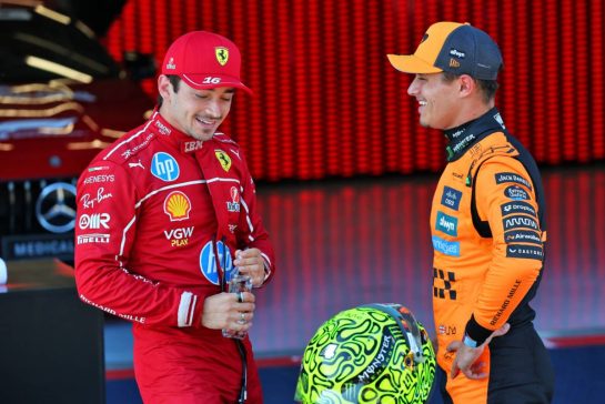 (L to R): second placed Charles Leclerc (MON) Ferrari with pole sitter Lando Norris (GBR) McLaren in qualifying parc ferme.
28.06.2025. Formula 1 World Championship, Rd 11, Austrian Grand Prix, Spielberg, Austria, Qualifying Day.
- www.xpbimages.com, EMail: requests@xpbimages.com © Copyright: Batchelor / XPB Images