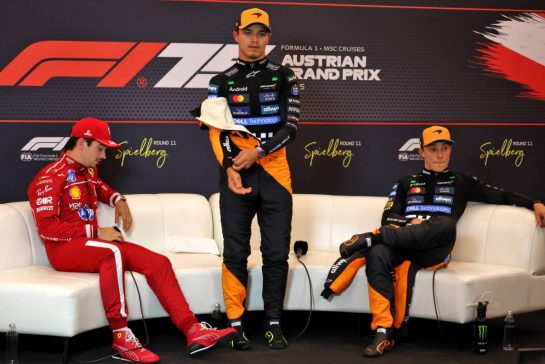 (L to R): Charles Leclerc (MON) Ferrari; Lando Norris (GBR) McLaren; and Oscar Piastri (AUS) McLaren, in the post qualifying FIA Press Conference.
28.06.2025. Formula 1 World Championship, Rd 11, Austrian Grand Prix, Spielberg, Austria, Qualifying Day.
- www.xpbimages.com, EMail: requests@xpbimages.com © Copyright: Moy / XPB Images