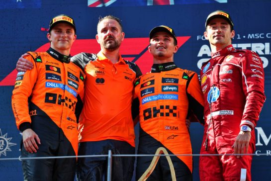 The podium (L to R): Oscar Piastri (AUS) McLaren, second; Neil Houldey (GBR) McLaren Technical Director  Engineering; Lando Norris (GBR) McLaren, race winner Charles Leclerc (MON) Ferrari, third.
29.06.2025. Formula 1 World Championship, Rd 11, Austrian Grand Prix, Spielberg, Austria, Race Day.
- www.xpbimages.com, EMail: requests@xpbimages.com © Copyright: Batchelor / XPB Images