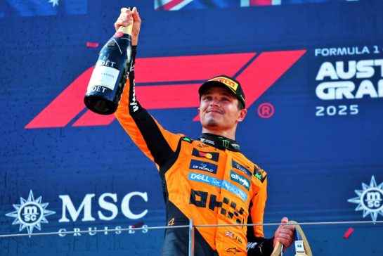 Race winner Lando Norris (GBR) McLaren celebrates on the podium.
29.06.2025. Formula 1 World Championship, Rd 11, Austrian Grand Prix, Spielberg, Austria, Race Day.
- www.xpbimages.com, EMail: requests@xpbimages.com © Copyright: Batchelor / XPB Images