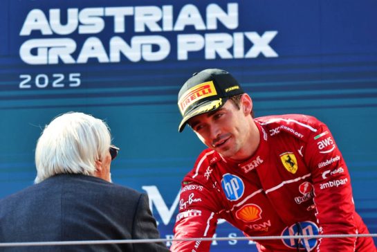 Charles Leclerc (MON) Ferrari celebrates his third position on the podium with Bernie Ecclestone (GBR).
29.06.2025. Formula 1 World Championship, Rd 11, Austrian Grand Prix, Spielberg, Austria, Race Day.
- www.xpbimages.com, EMail: requests@xpbimages.com © Copyright: Batchelor / XPB Images