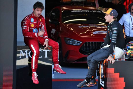 (L to R): Third placed Charles Leclerc (MON) Ferrari and second placed Oscar Piastri (AUS) McLaren in parc ferme.
29.06.2025. Formula 1 World Championship, Rd 11, Austrian Grand Prix, Spielberg, Austria, Race Day.
- www.xpbimages.com, EMail: requests@xpbimages.com © Copyright: Moy / XPB Images