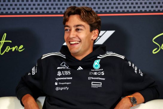George Russell (GBR) Mercedes AMG F1 in the FIA Press Conference.
03.07.2025. Formula 1 World Championship, Rd 12, British Grand Prix, Silverstone, England, Preparation Day.
- www.xpbimages.com, EMail: requests@xpbimages.com © Copyright: Moy / XPB Images