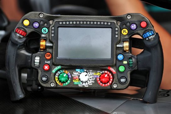 Mercedes AMG F1 W16 steering wheel.
03.07.2025. Formula 1 World Championship, Rd 12, British Grand Prix, Silverstone, England, Preparation Day.
- www.xpbimages.com, EMail: requests@xpbimages.com © Copyright: Rew / XPB Images