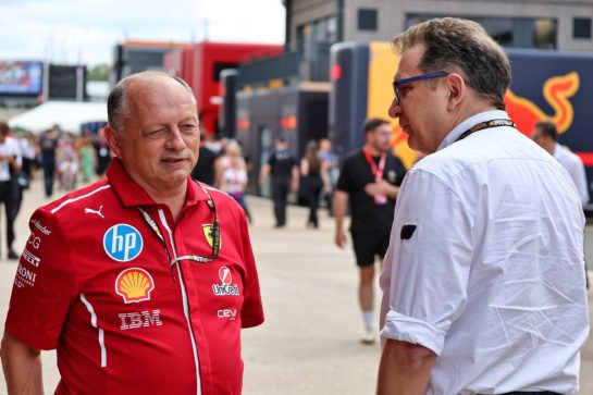 (L to R): Frederic Vasseur (FRA) Ferrari Team Principal with Nicholas Tombazis (GRE) FIA Single Seater Director.
03.07.2025. Formula 1 World Championship, Rd 12, British Grand Prix, Silverstone, England, Preparation Day.
- www.xpbimages.com, EMail: requests@xpbimages.com © Copyright: Moy / XPB Images