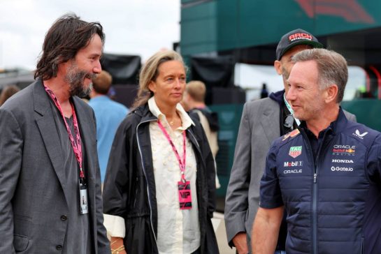 (L to R): Karl Reindler (AUS) Keanu Reeves (USA) Actor with Christian Horner (GBR) Red Bull Racing Team Principal.
05.07.2025. Formula 1 World Championship, Rd 12, British Grand Prix, Silverstone, England, Qualifying Day.
- www.xpbimages.com, EMail: requests@xpbimages.com © Copyright: Rew / XPB Images