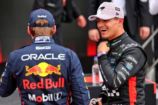 (L to R): Max Verstappen (NLD) Red Bull Racing with Lando Norris (GBR) McLaren in qualifying parc ferme.
05.07.2025. Formula 1 World Championship, Rd 12, British Grand Prix, Silverstone, England, Qualifying Day.
- www.xpbimages.com, EMail: requests@xpbimages.com © Copyright: Batchelor / XPB Images