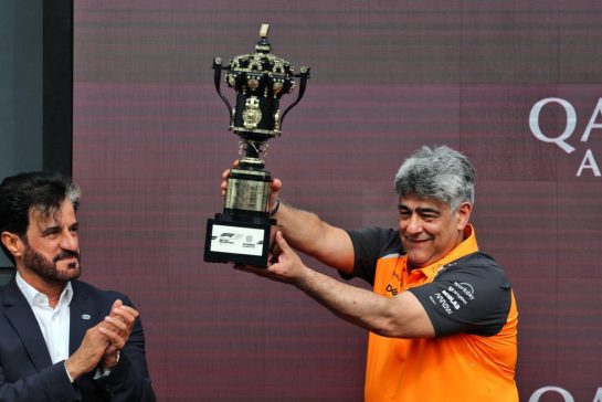 Peter Prodromou (GBR) McLaren Technical Director, Aerodynamics celebrates on the podium.
06.07.2025. Formula 1 World Championship, Rd 12, British Grand Prix, Silverstone, England, Race Day.
- www.xpbimages.com, EMail: requests@xpbimages.com © Copyright: Batchelor / XPB Images