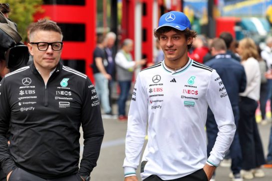 (L to R): Peter Bonnington (GBR) Mercedes AMG F1 Race Engineer with Andrea Kimi Antonelli (ITA) Mercedes AMG F1.
24.07.2025. Formula 1 World Championship, Rd 13, Belgian Grand Prix, Spa Francorchamps, Belgium, Preparation Day.
- www.xpbimages.com, EMail: requests@xpbimages.com © Copyright: Bearne / XPB Images