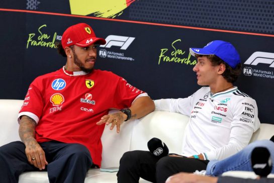 (L to R): Lewis Hamilton (GBR) Ferrari and Andrea Kimi Antonelli (ITA) Mercedes AMG F1 in the FIA Press Conference.
24.07.2025. Formula 1 World Championship, Rd 13, Belgian Grand Prix, Spa Francorchamps, Belgium, Preparation Day.
- www.xpbimages.com, EMail: requests@xpbimages.com © Copyright: Moy / XPB Images