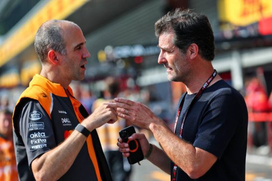 (L to R): Tom Stallard (GBR) McLaren Race Engineer with Mark Webber (AUS) Channel 4 Presenter / Driver Manager.
25.07.2025. Formula 1 World Championship, Rd 13, Belgian Grand Prix, Spa Francorchamps, Belgium, Sprint Qualifying Day.
- www.xpbimages.com, EMail: requests@xpbimages.com © Copyright: Batchelor / XPB Images