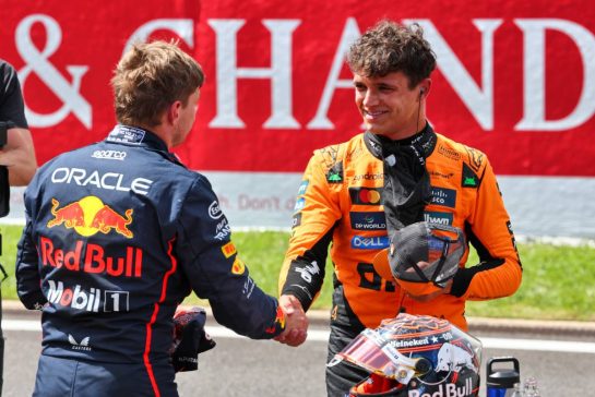(L to R): Sprint winner Max Verstappen (NLD) Red Bull Racing celebrates in parc ferme with third placed Lando Norris (GBR) McLaren.
26.07.2025. Formula 1 World Championship, Rd 13, Belgian Grand Prix, Spa Francorchamps, Belgium, Sprint and Qualifying Day.
- www.xpbimages.com, EMail: requests@xpbimages.com © Copyright: Batchelor / XPB Images
