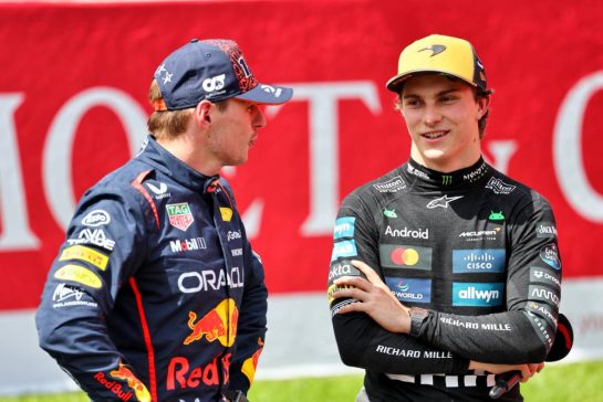 (L to R): Sprint winner Max Verstappen (NLD) Red Bull Racing in parc ferme with second placed Oscar Piastri (AUS) McLaren.
26.07.2025. Formula 1 World Championship, Rd 13, Belgian Grand Prix, Spa Francorchamps, Belgium, Sprint and Qualifying Day.
- www.xpbimages.com, EMail: requests@xpbimages.com © Copyright: Batchelor / XPB Images