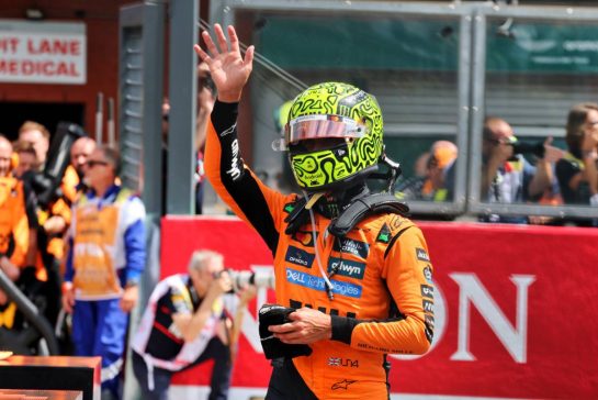 Lando Norris (GBR) McLaren celebrates his third position in Sprint parc ferme.
26.07.2025. Formula 1 World Championship, Rd 13, Belgian Grand Prix, Spa Francorchamps, Belgium, Sprint and Qualifying Day.
- www.xpbimages.com, EMail: requests@xpbimages.com © Copyright: Moy / XPB Images