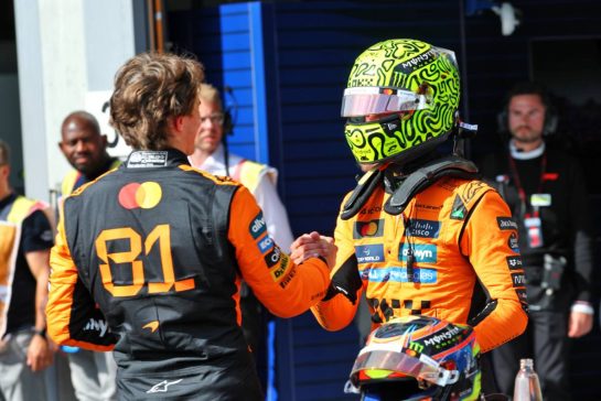 (L to R): Oscar Piastri (AUS) McLaren celebrates his second position with pole sitter and team mate Lando Norris (GBR) McLaren in qualifying parc ferme.
26.07.2025. Formula 1 World Championship, Rd 13, Belgian Grand Prix, Spa Francorchamps, Belgium, Sprint and Qualifying Day.
- www.xpbimages.com, EMail: requests@xpbimages.com © Copyright: Batchelor / XPB Images