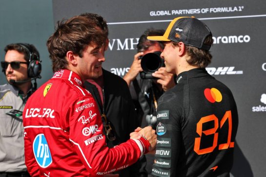 (L to R): Charles Leclerc (MON) Ferrari with Oscar Piastri (AUS) McLaren in qualifying parc ferme.
26.07.2025. Formula 1 World Championship, Rd 13, Belgian Grand Prix, Spa Francorchamps, Belgium, Sprint and Qualifying Day.
- www.xpbimages.com, EMail: requests@xpbimages.com © Copyright: Batchelor / XPB Images