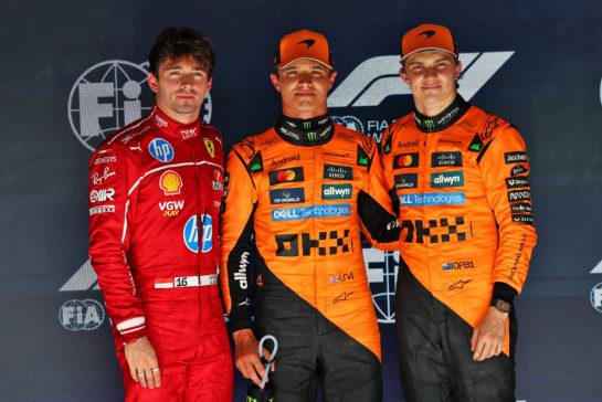 Qualifying top three in parc ferme (L to R): Charles Leclerc (MON) Ferrari, third; Lando Norris (GBR) McLaren, pole position; Oscar Piastri (AUS) McLaren, second.
26.07.2025. Formula 1 World Championship, Rd 13, Belgian Grand Prix, Spa Francorchamps, Belgium, Sprint and Qualifying Day.
- www.xpbimages.com, EMail: requests@xpbimages.com © Copyright: Batchelor / XPB Images