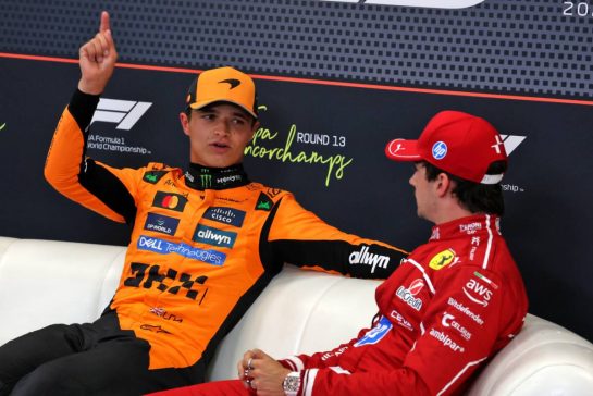(L to R): Lando Norris (GBR) McLaren and Charles Leclerc (MON) Ferrari in the post qualifying FIA Press Conference.
26.07.2025. Formula 1 World Championship, Rd 13, Belgian Grand Prix, Spa Francorchamps, Belgium, Sprint and Qualifying Day.
- www.xpbimages.com, EMail: requests@xpbimages.com © Copyright: Moy / XPB Images