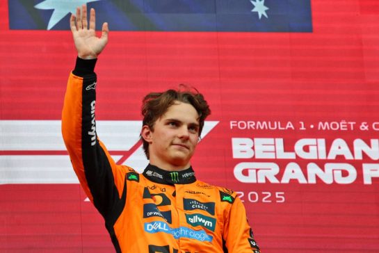 Race winner Lando Norris (GBR) McLaren celebrates on the podium.
27.07.2025. Formula 1 World Championship, Rd 13, Belgian Grand Prix, Spa Francorchamps, Belgium, Race Day.
- www.xpbimages.com, EMail: requests@xpbimages.com © Copyright: Batchelor / XPB Images