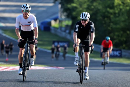 (L to R): Roman Stanek (CZE) Invicta Racing F2 driver rides the circuit with Valtteri Bottas (FIN) Mercedes AMG F1 Reserve Driver.
31.07.2025. Formula 1 World Championship, Rd 14, Hungarian Grand Prix, Budapest, Hungary, Preparation Day.
- www.xpbimages.com, EMail: requests@xpbimages.com © Copyright: Moy / XPB Images