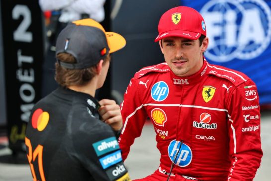 Pole sitter Charles Leclerc (MON) Ferrari in qualifying parc ferme with second placed Oscar Piastri (AUS) McLaren.
02.08.2025. Formula 1 World Championship, Rd 14, Hungarian Grand Prix, Budapest, Hungary, Qualifying Day.
- www.xpbimages.com, EMail: requests@xpbimages.com © Copyright: Batchelor / XPB Images