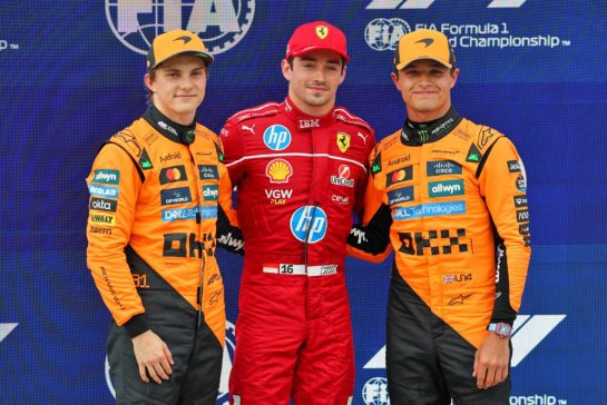 Qualifying top three in parc ferme (L to R): Oscar Piastri (AUS) McLaren, second; Charles Leclerc (MON) Ferrari, pole position; Lando Norris (GBR) McLaren, third.
02.08.2025. Formula 1 World Championship, Rd 14, Hungarian Grand Prix, Budapest, Hungary, Qualifying Day.
- www.xpbimages.com, EMail: requests@xpbimages.com © Copyright: Batchelor / XPB Images