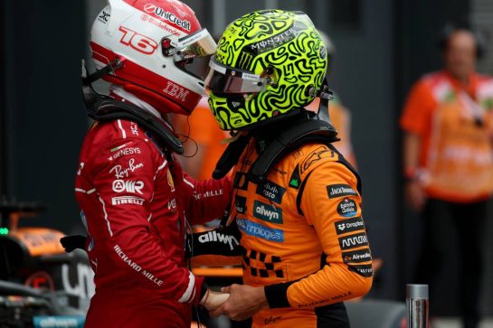 (L to R): Charles Leclerc (MON) Ferrari celebrates his pole position in qualifying parc ferme with third placed Lando Norris (GBR) McLaren.
02.08.2025. Formula 1 World Championship, Rd 14, Hungarian Grand Prix, Budapest, Hungary, Qualifying Day.
- www.xpbimages.com, EMail: requests@xpbimages.com © Copyright: Coates / XPB Images