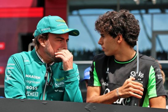 (L to R): Fernando Alonso (ESP) Aston Martin F1 Team with Gabriel Bortoleto (BRA) Sauber on the drivers' parade.
03.08.2025. Formula 1 World Championship, Rd 14, Hungarian Grand Prix, Budapest, Hungary, Race Day.
- www.xpbimages.com, EMail: requests@xpbimages.com © Copyright: Moy / XPB Images