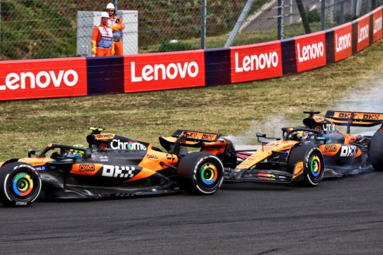 Lando Norris (GBR) McLaren MCL39 and team mate Oscar Piastri (AUS) McLaren MCL39 battle for the lead of the race.
03.08.2025. Formula 1 World Championship, Rd 14, Hungarian Grand Prix, Budapest, Hungary, Race Day.
- www.xpbimages.com, EMail: requests@xpbimages.com © Copyright: Charniaux / XPB Images
