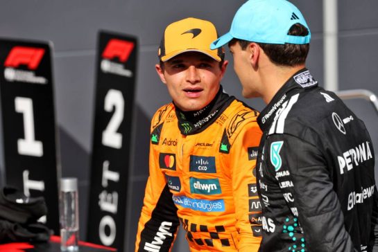 (L to R): Race winner Lando Norris (GBR) McLaren in parc ferme with third placed George Russell (GBR) Mercedes AMG F1.
03.08.2025. Formula 1 World Championship, Rd 14, Hungarian Grand Prix, Budapest, Hungary, Race Day.
- www.xpbimages.com, EMail: requests@xpbimages.com © Copyright: Bearne / XPB Images