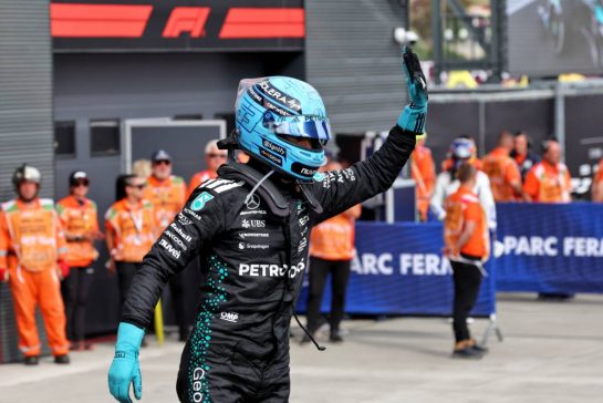 George Russell (GBR) Mercedes AMG F1 celebrates his third position in parc ferme.
03.08.2025. Formula 1 World Championship, Rd 14, Hungarian Grand Prix, Budapest, Hungary, Race Day.
- www.xpbimages.com, EMail: requests@xpbimages.com © Copyright: Bearne / XPB Images