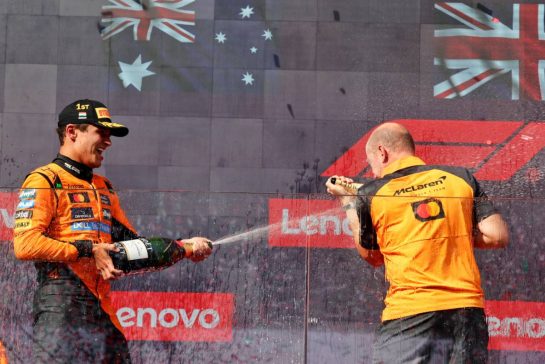 (L to R): Race winner Lando Norris (GBR) McLaren celebrates on the podium with Mark Ingham (GBR) McLaren Head of Design.
03.08.2025. Formula 1 World Championship, Rd 14, Hungarian Grand Prix, Budapest, Hungary, Race Day.
- www.xpbimages.com, EMail: requests@xpbimages.com © Copyright: Bearne / XPB Images