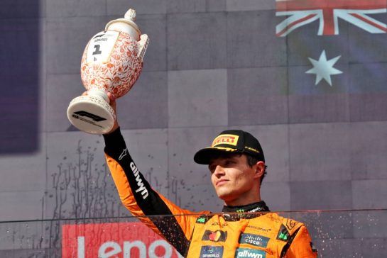Race winner Lando Norris (GBR) McLaren celebrates on the podium.
03.08.2025. Formula 1 World Championship, Rd 14, Hungarian Grand Prix, Budapest, Hungary, Race Day.
- www.xpbimages.com, EMail: requests@xpbimages.com © Copyright: Bearne / XPB Images