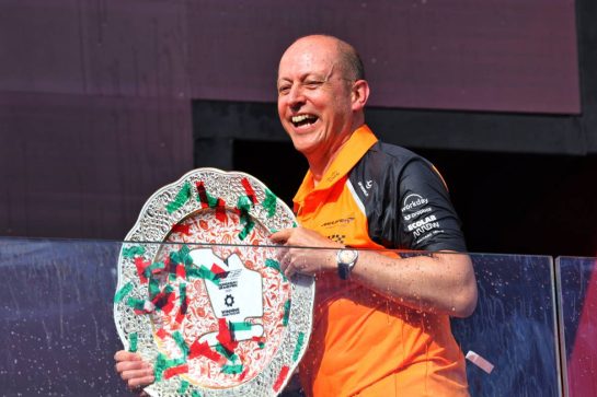 Mark Ingham (GBR) McLaren Head of Design celebrates on the podium.
03.08.2025. Formula 1 World Championship, Rd 14, Hungarian Grand Prix, Budapest, Hungary, Race Day.
- www.xpbimages.com, EMail: requests@xpbimages.com © Copyright: Bearne / XPB Images