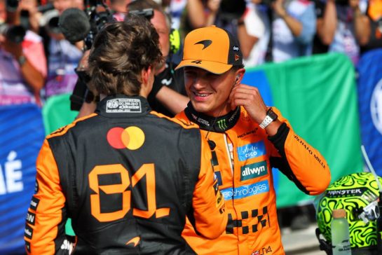 (L to R): Pole sitter Oscar Piastri (AUS) McLaren in qualifying parc ferme with second placed team mate Lando Norris (GBR) McLaren.
30.08.2025. Formula 1 World Championship, Rd 15, Dutch Grand Prix, Zandvoort, Netherlands, Qualifying Day.
- www.xpbimages.com, EMail: requests@xpbimages.com © Copyright: Batchelor / XPB Images