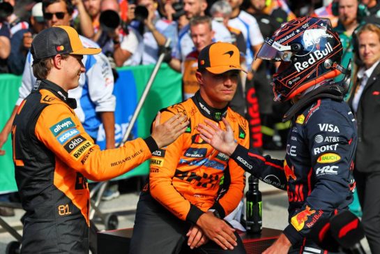 (L to R): Pole sitter Oscar Piastri (AUS) McLaren in qualifying parc ferme with second placed team mate Lando Norris (GBR) McLaren and third placed Max Verstappen (NLD) Red Bull Racing.
30.08.2025. Formula 1 World Championship, Rd 15, Dutch Grand Prix, Zandvoort, Netherlands, Qualifying Day.
- www.xpbimages.com, EMail: requests@xpbimages.com © Copyright: Batchelor / XPB Images