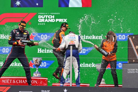 The podium (L to R): Max Verstappen (NLD) Red Bull Racing, second; Oscar Piastri (AUS) McLaren, race winner; Isack Hadjar (FRA) Racing Bulls, third; Laura Bowden (GBR) McLaren Chief Financial Officer.
31.08.2025. Formula 1 World Championship, Rd 15, Dutch Grand Prix, Zandvoort, Netherlands, Race Day.
- www.xpbimages.com, EMail: requests@xpbimages.com © Copyright: Bearne / XPB Images