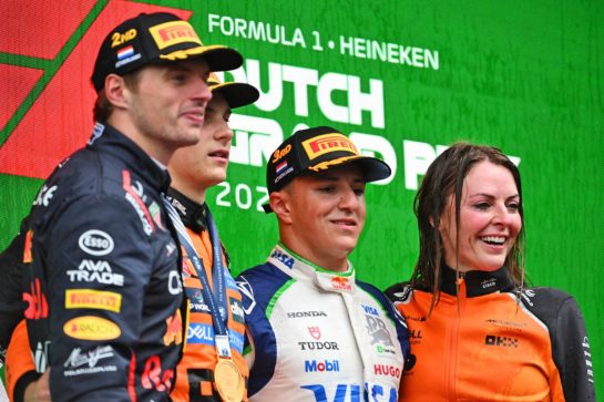 The podium (L to R): Max Verstappen (NLD) Red Bull Racing, second; Oscar Piastri (AUS) McLaren, race winner; Isack Hadjar (FRA) Racing Bulls, third; Laura Bowden (GBR) McLaren Chief Financial Officer.
31.08.2025. Formula 1 World Championship, Rd 15, Dutch Grand Prix, Zandvoort, Netherlands, Race Day.
- www.xpbimages.com, EMail: requests@xpbimages.com © Copyright: Price / XPB Images