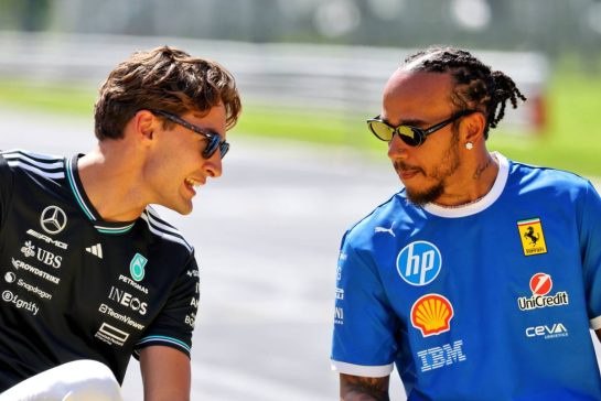 (L to R): George Russell (GBR) Mercedes AMG F1 with Lewis Hamilton (GBR) Ferrari on the drivers' parade.
07.09.2025. Formula 1 World Championship, Rd 16, Italian Grand Prix, Monza, Italy, Race Day.
- www.xpbimages.com, EMail: requests@xpbimages.com © Copyright: Charniaux / XPB Images