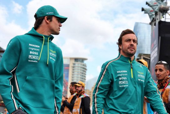 (L to R): Lance Stroll (CDN) Aston Martin F1 Team and Fernando Alonso (ESP) Aston Martin F1 Team on the drivers' parade.
21.09.2025. Formula 1 World Championship, Rd 17, Azerbaijan Grand Prix, Baku Street Circuit, Azerbaijan, Race Day.
- www.xpbimages.com, EMail: requests@xpbimages.com © Copyright: Rew / XPB Images